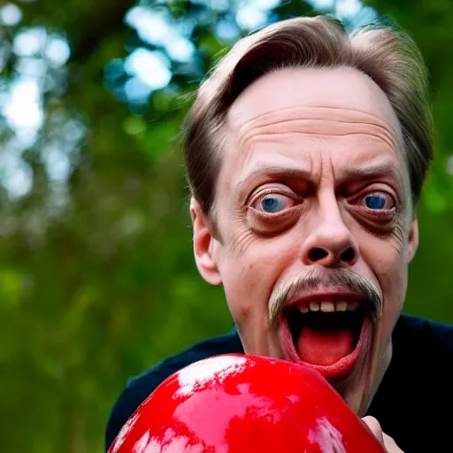 Image similar to portrait photo of steve buscemi finding a giant red mushroom, exhilarated, portrait, closeup. mouth open, 30mm, bokeh