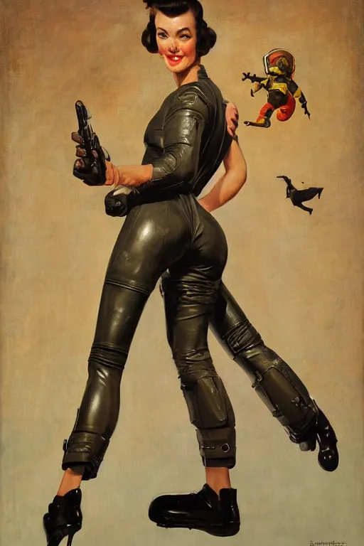 Image similar to 5 0 s pulp scifi fantasy illustration full body portrait slim mature woman in leather spacesuit in room, by norman rockwell, roberto ferri, daniel gerhartz, edd cartier, jack kirby, howard v brown, ruan jia, tom lovell, frank r paul, jacob collins, dean cornwell, astounding stories, amazing, fantasy, other worlds