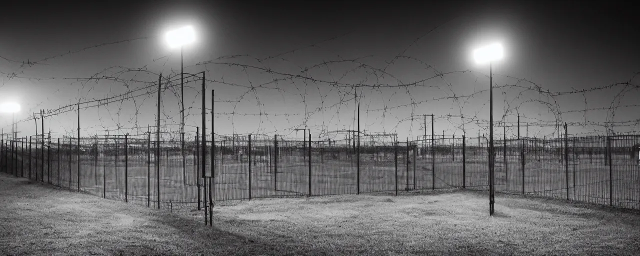 Image similar to military industrial complex, night, spotlights, watchtower, hangers, fences, barbed wire