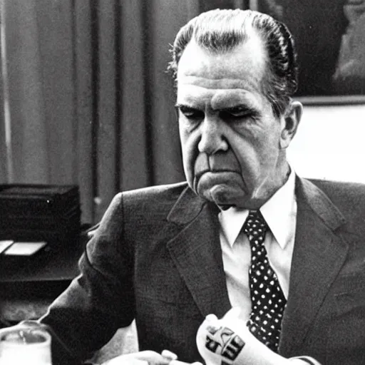 Prompt: Sad Richard Nixon drinking a bottle of vodka in the oval office, historical photo