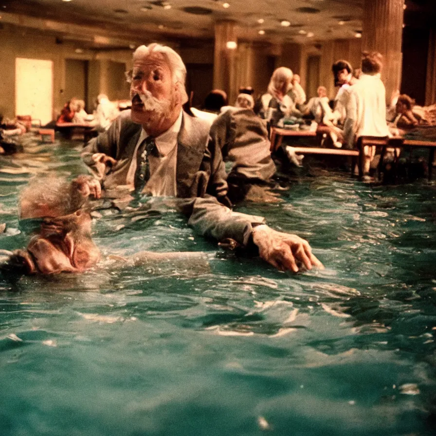 Prompt: 7 0 s movie still of an old man drowning in a soviet ballroom flooded in worms, cinestill 8 0 0 t 3 5 mm, heavy grain, high quality, high detail