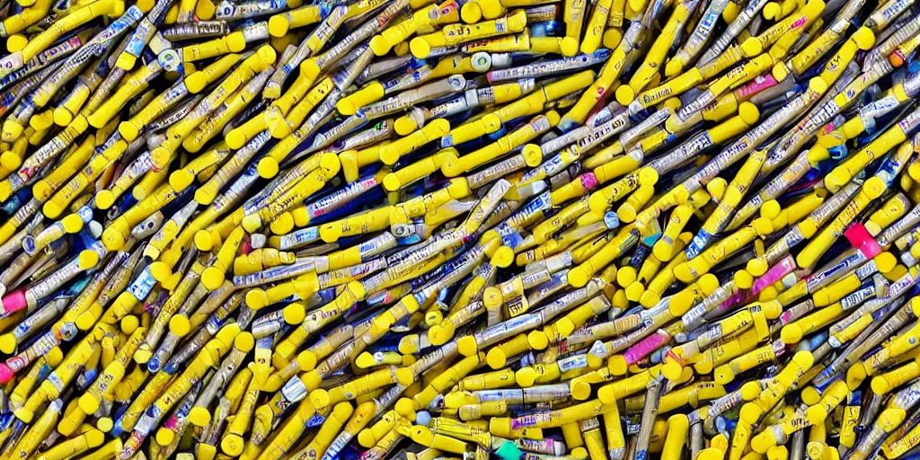 Image similar to realistic photograph 1 0 0 0 0's of yellow - coloured chapstick tubes in scattered in giant piles, high detail, shaded, backlit, glossy, ultrawide angle