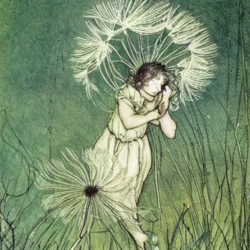 Image similar to a beautiful fairytale painting of a dandelion seed that is also a fluffy fairy. the dandelion seed is the body of the fairy. beautiful clear painting by arthur rackham