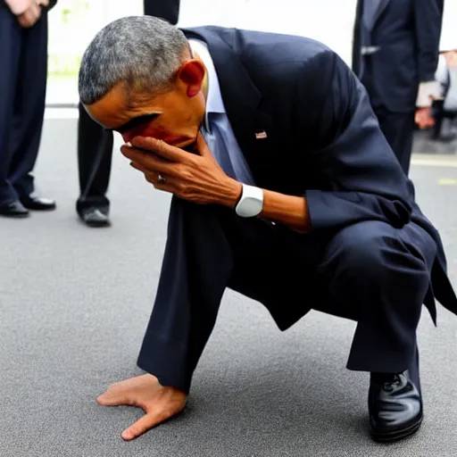 Prompt: Barack Obama crying because he dropped his mobile phone on the floor. His phone is flat on the floor.