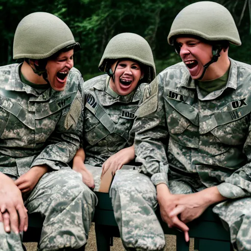 Image similar to a group of fox animals dressed in modern american military soldier uniforms, laughing at a computer, 8 5 mm f / 1. 4