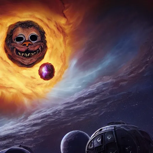 Image similar to eldritch horror bloody garfield in space, hd, 8 k, giant, epic, realistic photo, unreal engine, stars, prophecy, powerful, cinematic lighting, destroyed planet, debris, violent, sinister, ray tracing, dynamic, epic composition, dark, horrific, teeth, grotesque, scary, monochrome drawing