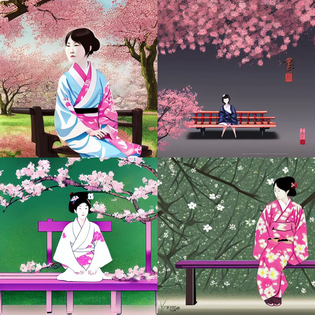 Prompt: girl wearing a kimono sitting on a bench with sakura leaves blowing in the wind, digital art by Yusuke Mogi,