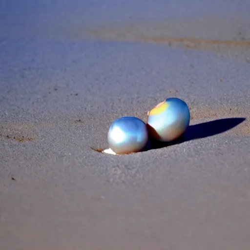 Image similar to A blue pearl instead of a core inside a split peach on the beach in the Caribbean