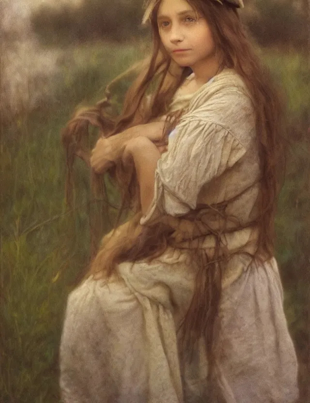 Image similar to shy and modest peasant girl long hair portrait, cottage core, cinematic focus, polaroid photo bleached vintage pastel colors high - key lighting, soft lights, foggy, by steve hanks, by lisa yuskavage, by serov valentin, by tarkovsky, 8 k render, detailed, oil on canvas