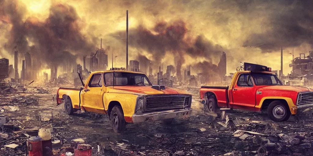 Image similar to 1970s photography a truck driver wearing a cap sitting next to his colorful truck in a apocalyptic wasteland, tornado and apocalyptic city in the background, detailed intricate insanely detailed octane render, 8k artistic photography, photorealistic, chiaroscuro, hd, by David Cronenberg, Raphael, Caravaggio