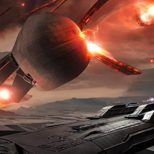 Prompt: hyperrealistic battle of spaceships, epic explosions, 3 d render, detailed render, epic composition, stargate