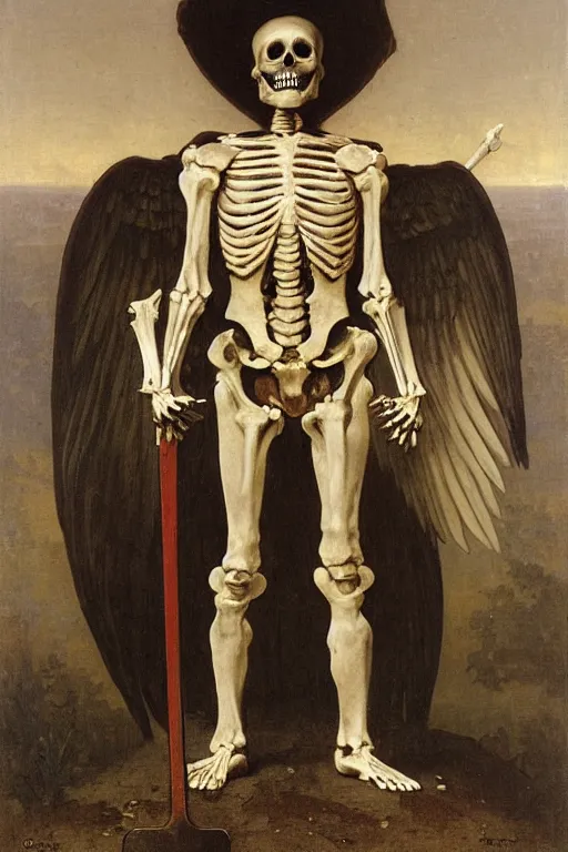 Image similar to portrait of a skeleton soldiers in the middle world, wearing helmets with wings, wearing european style armor, holding a sword in both hands, symmetrical, solemn, sacred, aura, by bouguereau