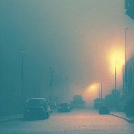 Prompt: Photograph of american street, foggy, afternoon, teal, heat ripples, 300mm f 5.6, award winning photograph