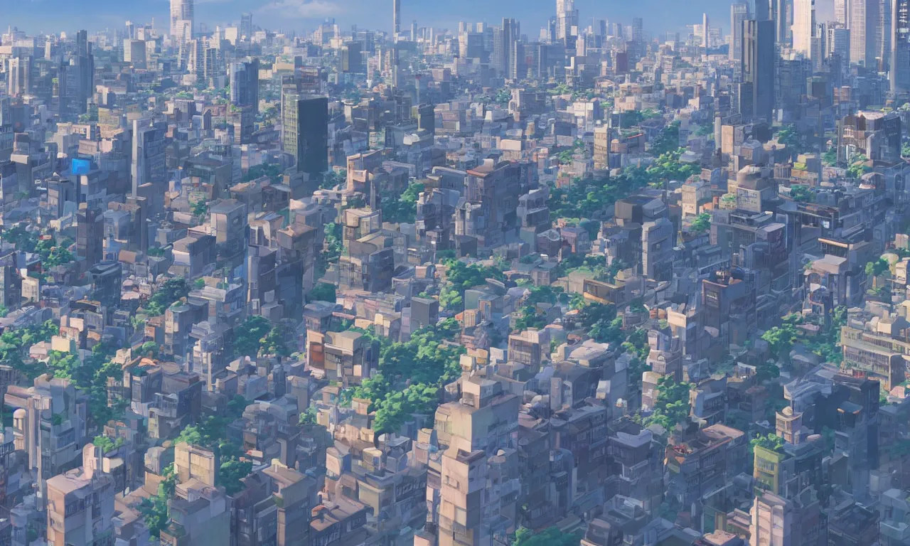 Image similar to A screenshot of a city view of seoul in the scene in the Makoto Shinkai anime film Kimi no na wa, pretty rim highlights and specular