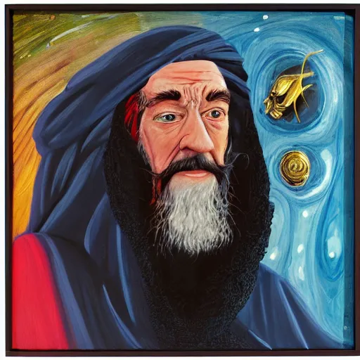 Prompt: abstract painting of ian mckellen as osama bin laden in a dark hood fighting an alien invasion by creatures from jupiter, arial shot, highly detailed, award painting, 8 k