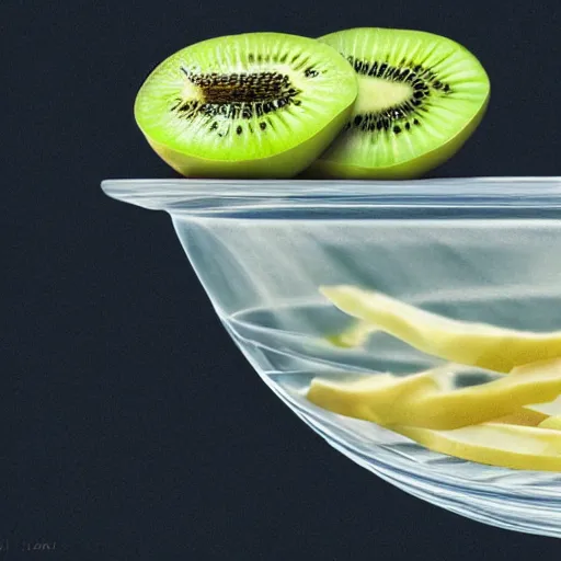 Image similar to close up of large clear bowl full of water with kiwifruit slices floating in it. 4K award winning photorealistic concept art. smooth, sharp focus, illustration, art by artgerm and moebius and alphonse mucha 3/4 view. infomercial. promotional. clear photography. 8k.