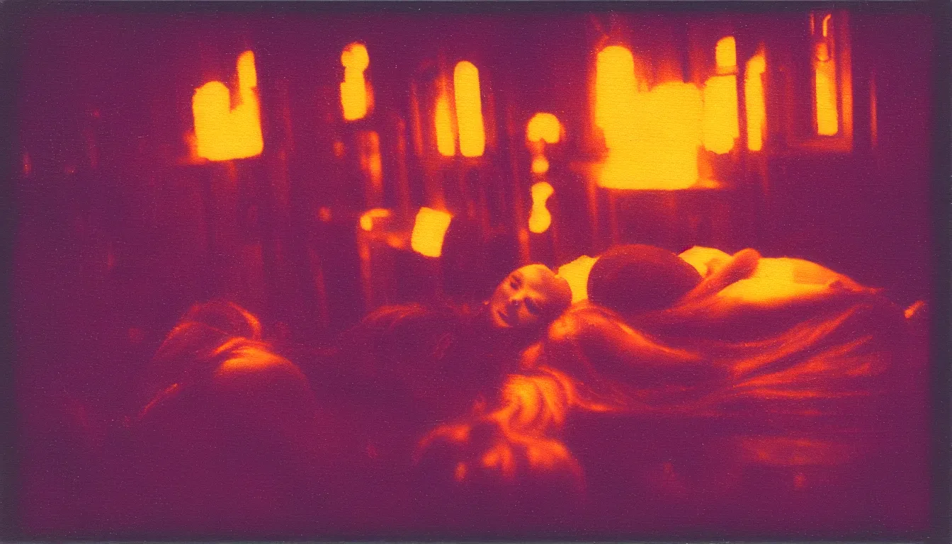 Image similar to colorful instant photograph of lady of shalott in jello in a city at night, polaroid, light leak, raw, nostalgic