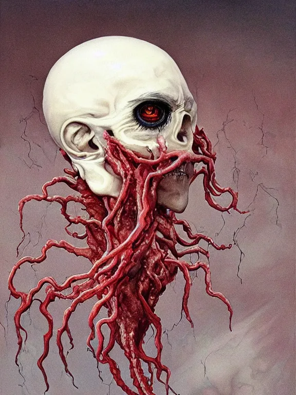 Image similar to painting by wayne barlowe of a flying sorrowful looking severed human head with tears running down it's eyes, face that is chalk white in color, with long sprawling white tentacles stemming down it's neck, fiery scorching red eyes, flying in a terrying hellish dark cavernous place