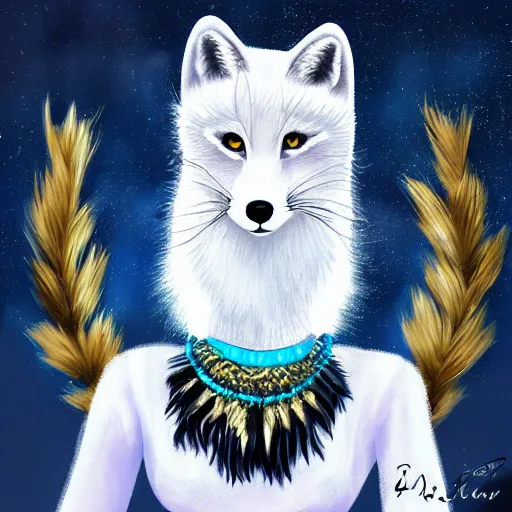 Image similar to digital painting of a female anthro arctic fox furry with blue eyes in a beautiful black dress, wlop, trending on artstation, furry fox ears, anthro paws and arms, gold necklace, femme, wlop, gradient shading, simple shading