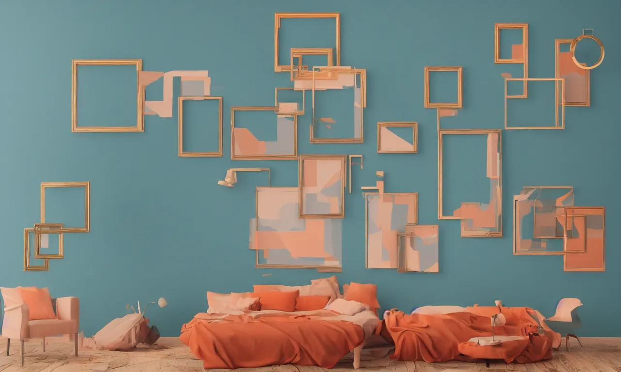 Image similar to painting frames on a room wall, geometric arrangements, evening ambiance, beautiful volumetric lighting, smooth, soft teal and orange colors, photorealism