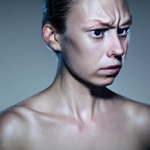 Image similar to dramatic full close - up portrait of a sad human!! ( cephalopod ) hybrid, detailed, dimly light room, volumetric lighting,