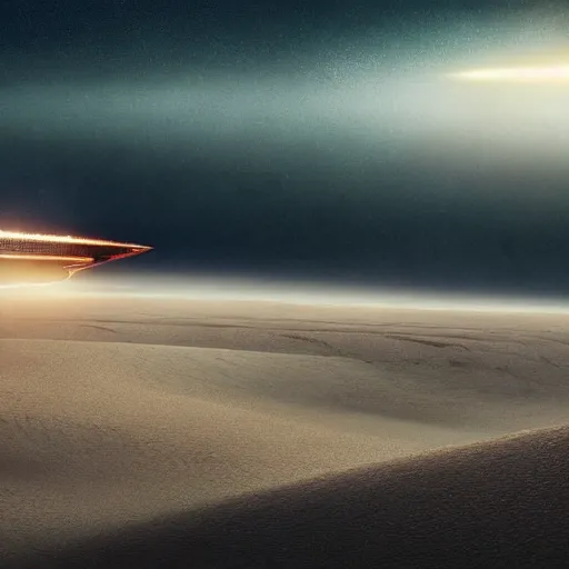 Image similar to heighliner in dune film, epic, hyperrealistic photograph of the edge of time, dim volumetric lighting, 8 k, octane beautifully detailed render, extremely hyper detailed, intricate, epic composition, cinematic lighting, masterpiece, trending on artstation, very very detailed, stunning, hdr, smooth, sharp focus, high resolution, award, winning photo, dslr, 5 0 mm