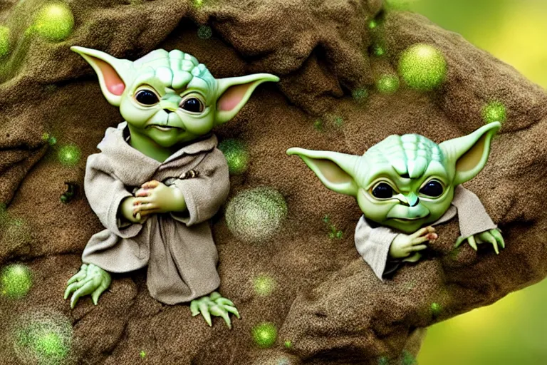 Prompt: an extremely cute (Baby Yoda) sits on a lichen covered ancient bolder, Baby Yoda is burping out of his mouth lots of tiny iridescent bubbles with tinier butterflies inside that float around Baby Yoda's head some bubbles pop and the butterflies fly away, surprising, funny, inquisitive, movie still frame, promotional image, UE5, hyperdetailed, realistic