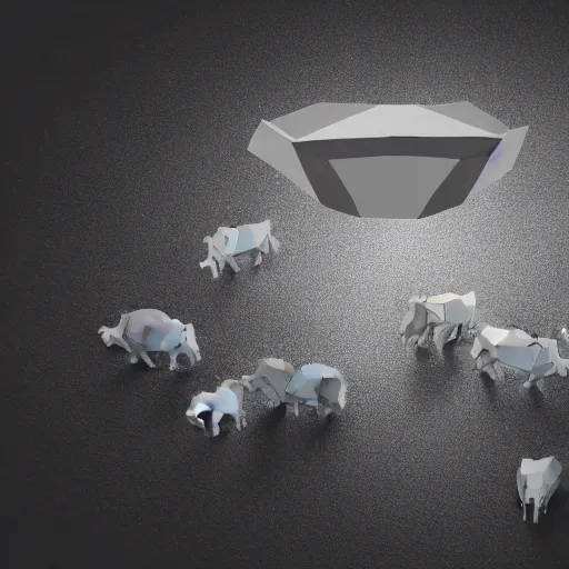 Image similar to isometric low poly render of a ufo flying over and abducting cows from a pasture. cows casting shadows.