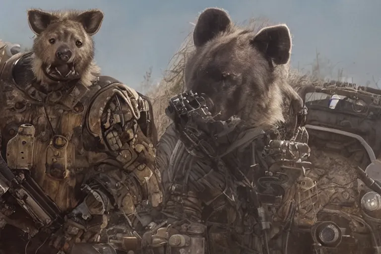 Image similar to a good ol'hyena fursona ( from the furry fandom ), heavily armed and armored facing down armageddon in a dark and gritty version from the makers of mad max : fury road. witness me.