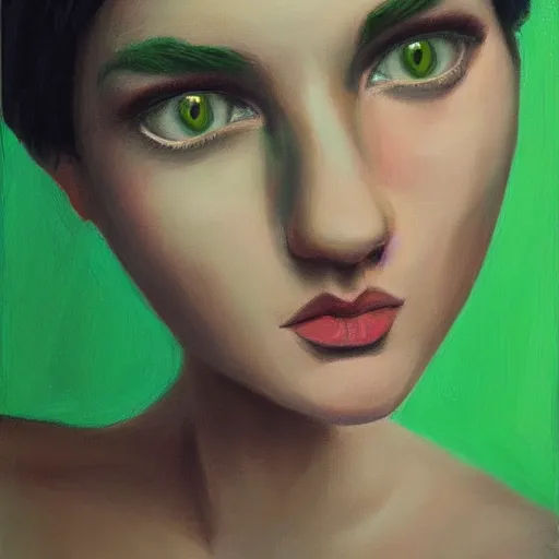 Image similar to portrait of a beautiful woman in green in the style of Margaret Keane, realistic, highly detailed, HD, 4k