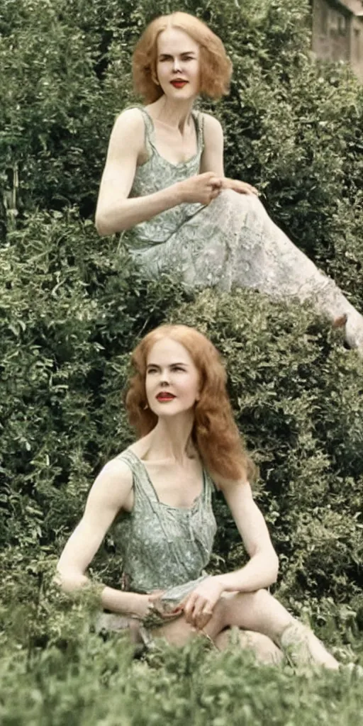 Prompt: young nicole kidman, long hair, beautiful dress, 1930, out of focus, sitting in green garden