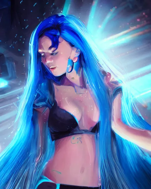 Image similar to pretty girl with blue hair, dj girl, in a club, laser lights background, sharp focus, digital painting, 8 k, concept art, art by wlop, artgerm, greg rutkowski
