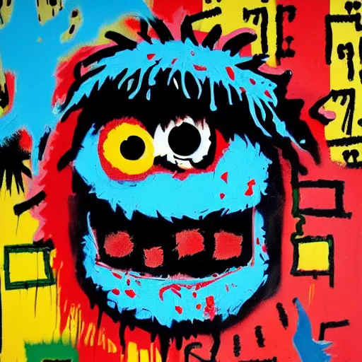 Image similar to splattered punk painting of cookie monster, painted by basquiat. dark background. trending on artstation.