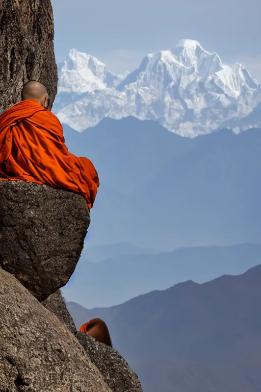 Prompt: A monk with his back to the camera sits beside a rock on the top of a mountain, looking at the snowy Himalayas in the distance, faith,4k, realistic,photography,landscape,high contrast,F200,trending on artstation.