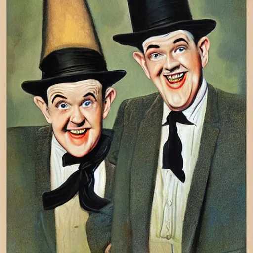 Prompt: A portrait of Stan Laurel and Laurel Hardy in hats by Frank Kelly Freas