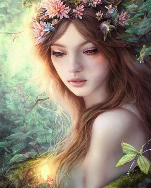 Prompt: pretty happy forest fairy by artgerm in a scenic woods, sweet, graceful wings muted colors, sharp focus, high fantasy art, fairy aesthetics, intricate, elegant, highly detailed, hyperrealistic painting, artstation, concept art, v painterly, dreamy, soft illumination, hasselbrad photography, illustration, art by scot howden