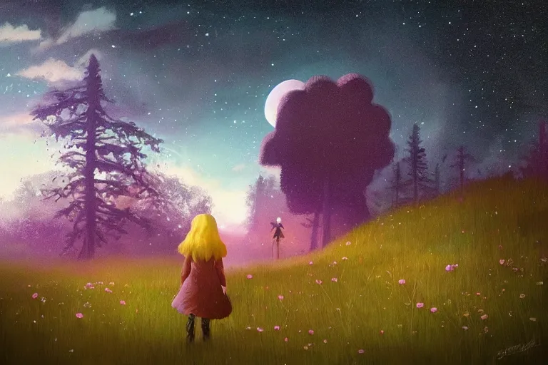 Image similar to looming giant daisy flower over head, girl walking in forest, surreal photography, dark night, stars, moon light, impressionist painting, clouds, digital painting, artstation, simon stalenhag