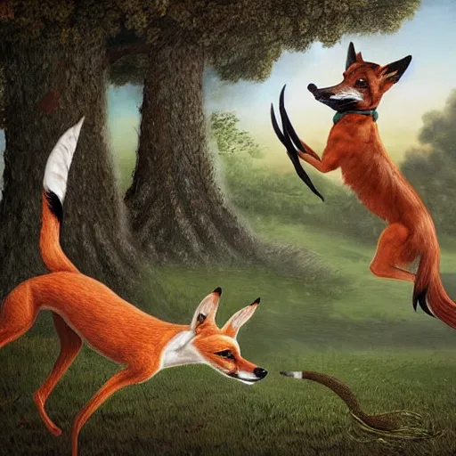 Image similar to a mexican greyhound flaps its wings dramatically as a crafty fox jumps out from behind a tree to take it down, fantasy art