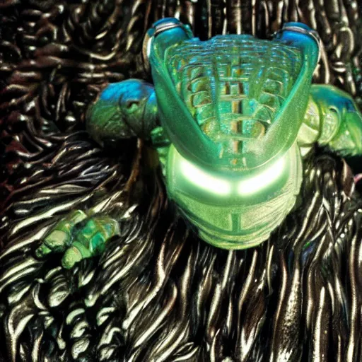 Image similar to All Hail the mighty Cyberfrog ! In its natural environment, Close up. Macro. Hyper realistic, translucent, glowing. Synth wave