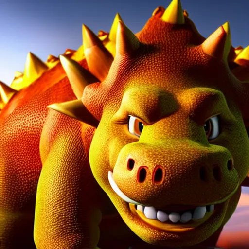 Image similar to stunning awe inspiring hyperrealistic bowser, highly detailed, movie still 8 k hdr atmospheric lighting