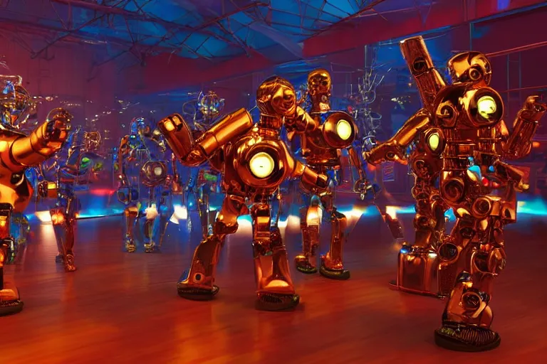 Prompt: scene from the voice of america, on stage are 4 golden and blue metal humanoid steampunk robots dancing, robots are wearing and gears and tubes, eyes are glowing red lightbulbs, shiny crisp finish, 3 d render, 8 k, insaneley detailed, fluorescent colors, nightlight