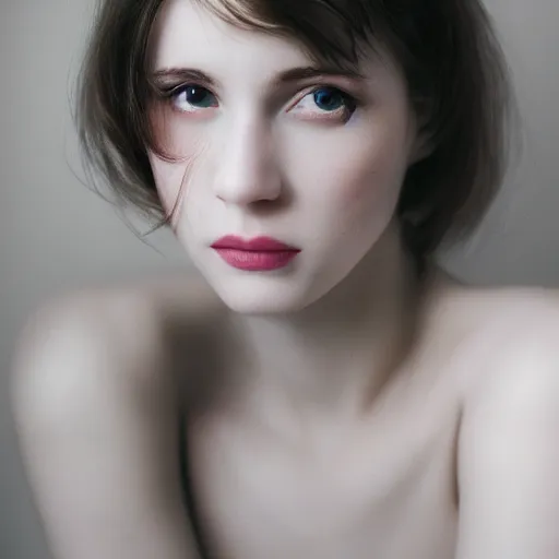 Prompt: Portrait of a beautiful young pale woman, photoshoot, 30mm, Taken with a Pentax1000, studio lighting, 4K