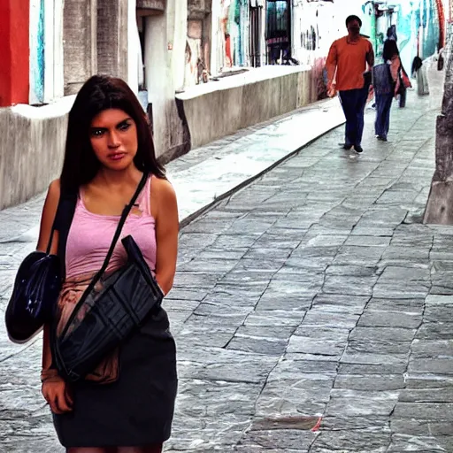 Image similar to mexico city streets, beautiful woman dark hair, digital art