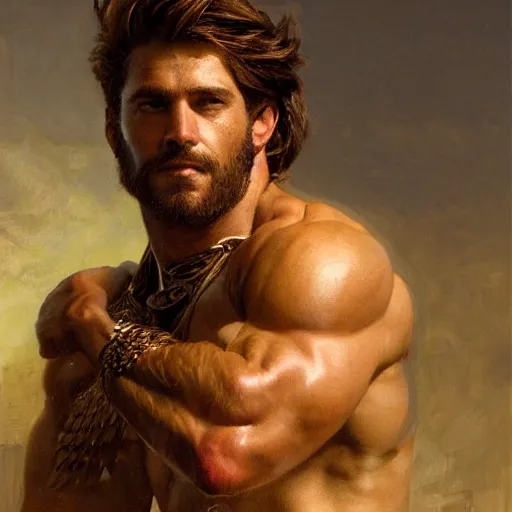 Prompt: handsome portrait of a spartan guy bodybuilder posing, radiant light, caustics, war hero, beach paradise, by gaston bussiere, bayard wu, greg rutkowski, giger, maxim verehin