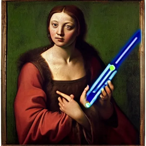 Image similar to renaissance painting of a princess holding a lightsaber