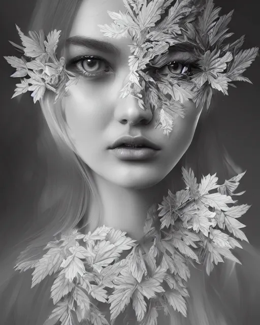 Prompt: intricate foliage beauty double exposure portrait, artstation, tony sart, photorealism, grayscale, otherworldly fantasy illustration, by artgerm