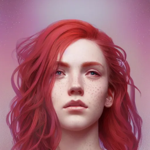 Prompt: close up portrait of a beautiful girl with red hair and freckles, intricate, elegant. highly detailed, digital painting, artstation, concept art, smooth, sharp, focus, illustration. background is purple, art by artgerm and greg rutkowski and alphonse mucha,