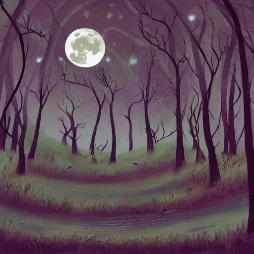 Image similar to a serene forest of faeries, beautiful double moon in the night sky