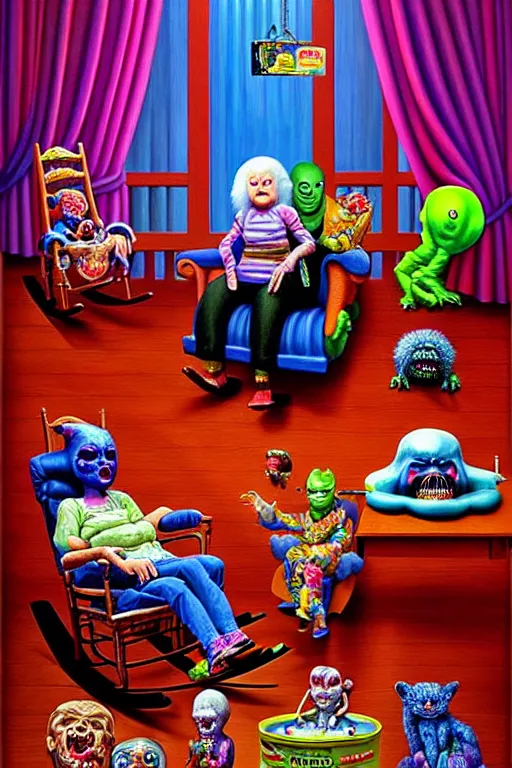 Prompt: a hyperrealistic painting of an ornate room full of evil possessed toys watching a grandma in a rocking chair, cinematic horror by chris cunningham, lisa frank, richard corben, highly detailed, vivid color,