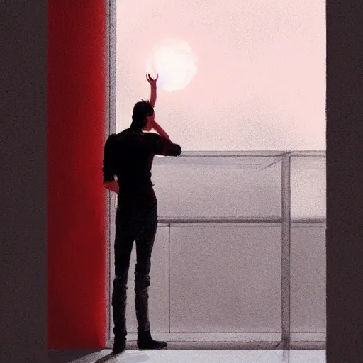 Image similar to concept art by greg rutkowski, very tall and thin young man, standing drinking a coffee looking out a window in a minimalist, hi - tech, brutalist office, reddish exterior lighting, scifi, highly detailed portrait, digital painting, artstation, concept art, smooth, sharp foccus ilustration, artstation hq